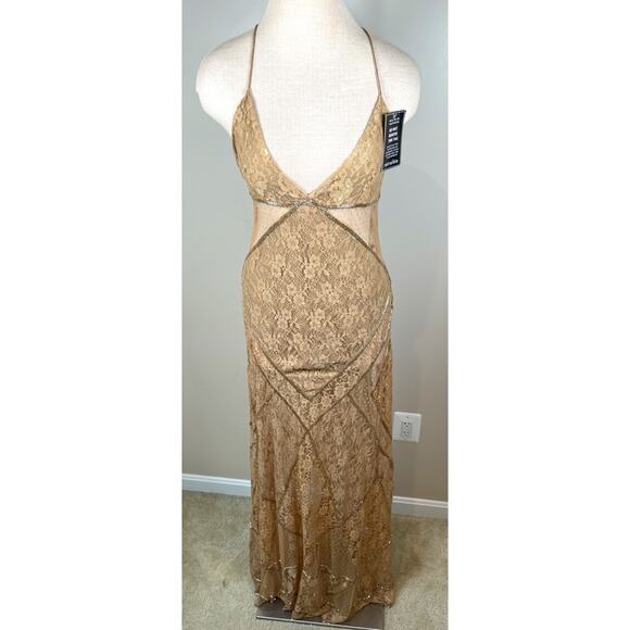 Retrofete Gianni Sequin Beaded Embellished Sheer Lace Champagne Maxi Dress Sz S - Picture 7 of 12